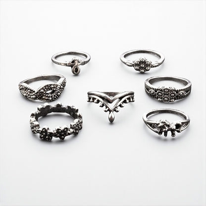 Set of 13 Boho Vintage Silver Rings – Celestial & Tribal Style Midi Finger Jewellery - Fatisha Boutique #