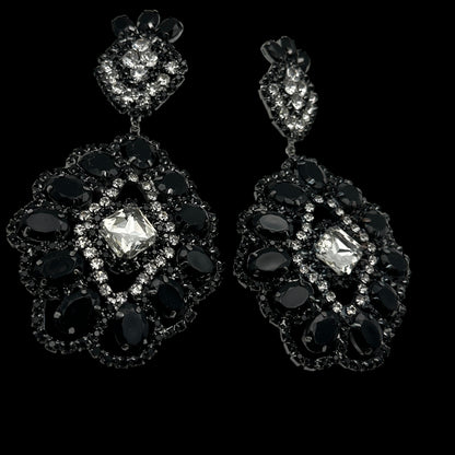 Elegant Black & Silver Rhinestone Dangle Earrings - Big Glamour Statement - Fatisha Boutique #