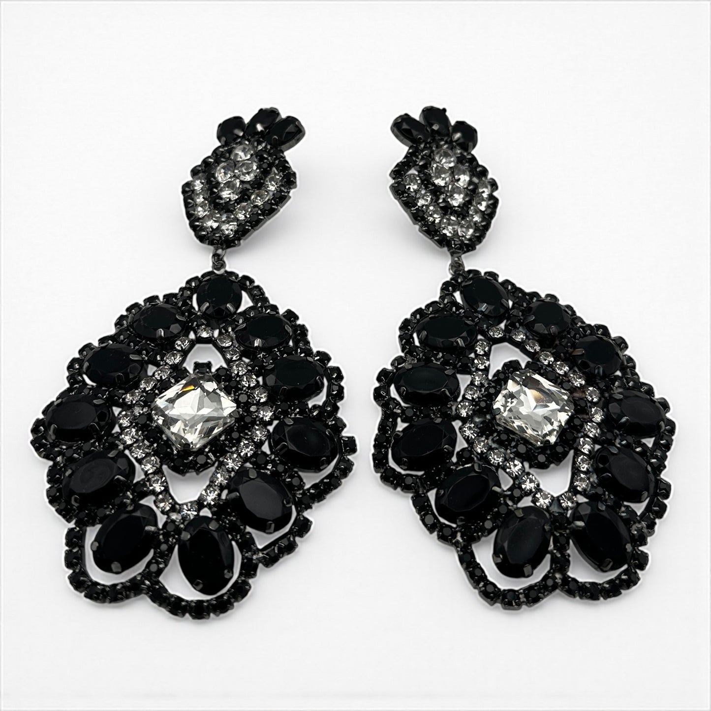 Elegant Black & Silver Rhinestone Dangle Earrings - Big Glamour Statement - Fatisha Boutique #
