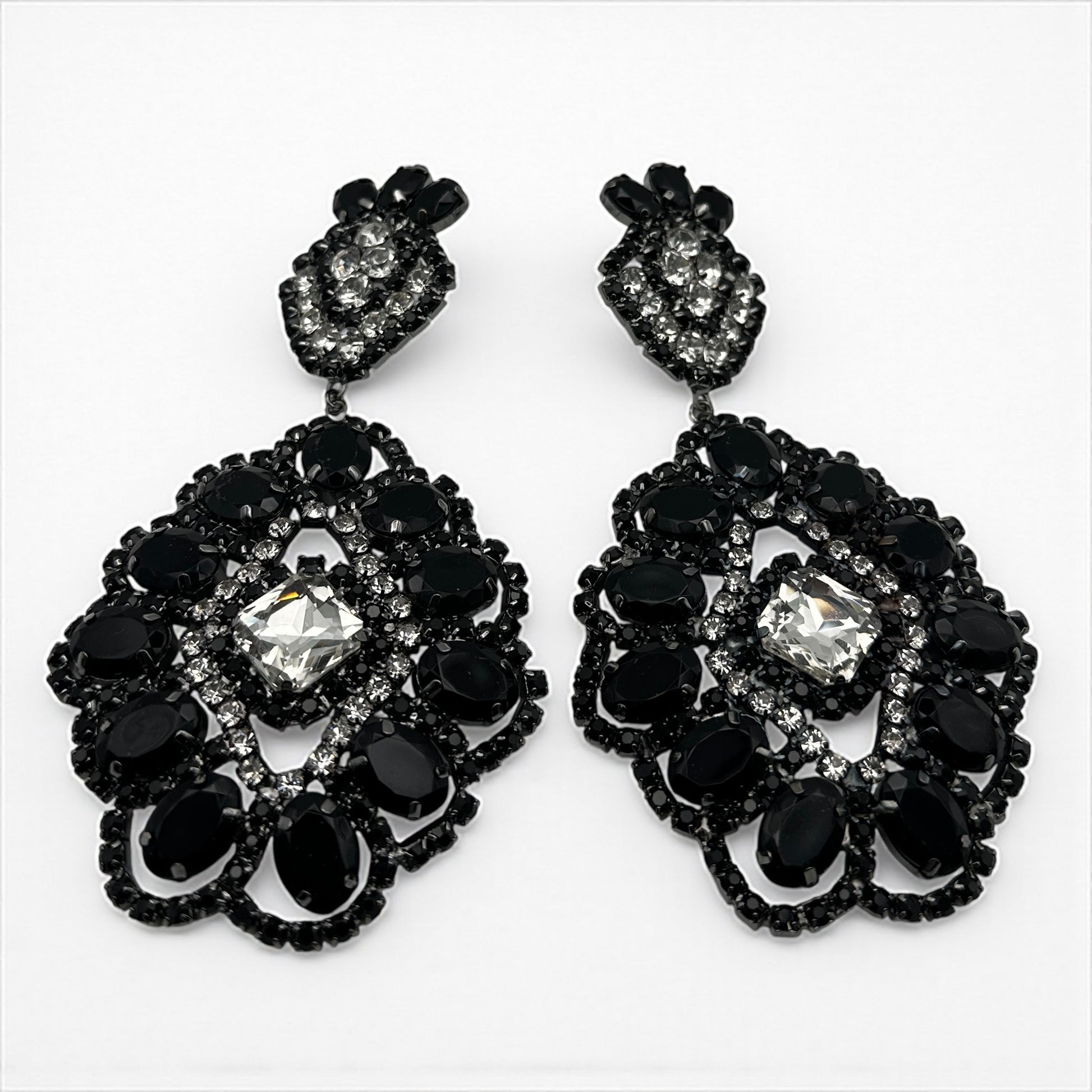 Elegant Black & Silver Rhinestone Dangle Earrings - Big Glamour Statement - Fatisha Boutique #