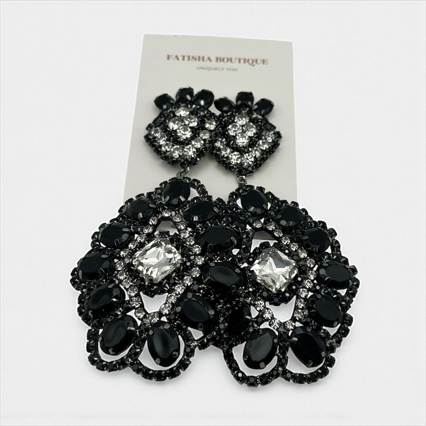 Elegant Black & Silver Rhinestone Dangle Earrings - Big Glamour Statement - Fatisha Boutique #
