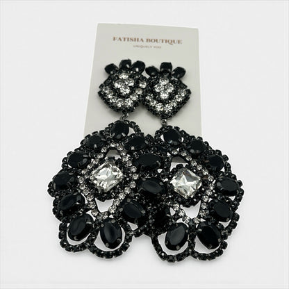 Elegant Black & Silver Rhinestone Dangle Earrings - Big Glamour Statement - Fatisha Boutique #