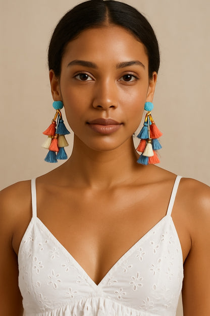 Boho Colourful Tassel Drop Earrings – Statement Dangle Earrings, Multicolour Fringe - Fatisha Boutique #