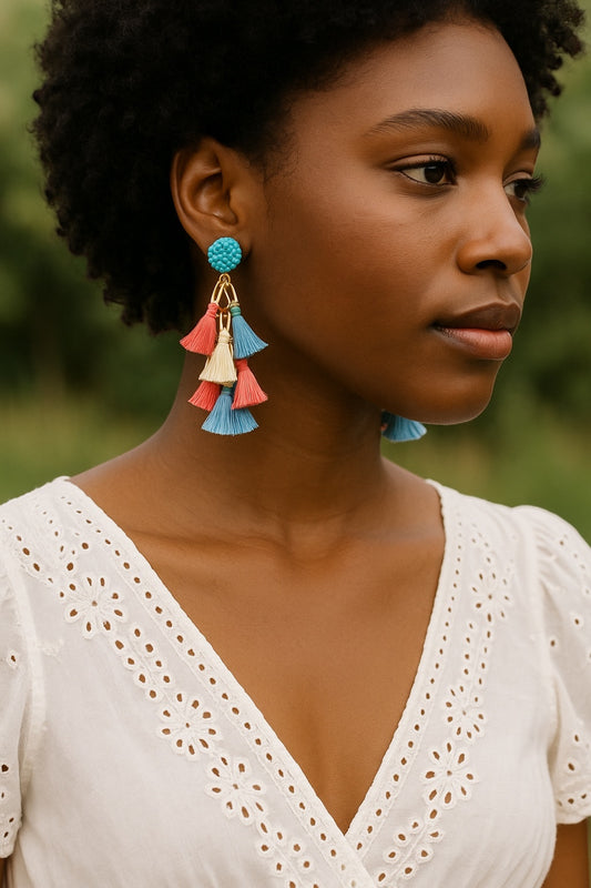 Boho Colourful Tassel Drop Earrings – Statement Dangle Earrings, Multicolour Fringe - Fatisha Boutique #