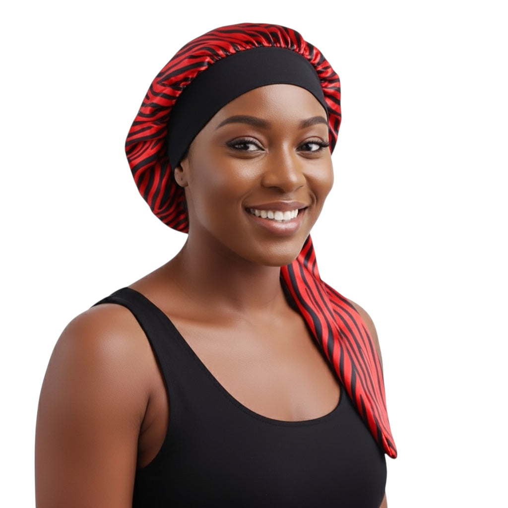 Long Satin Silk Striped Bonnet Cap with Button – Adjustable Sleep Cap for Braids, Locs & Long Hair - Fatisha Boutique #