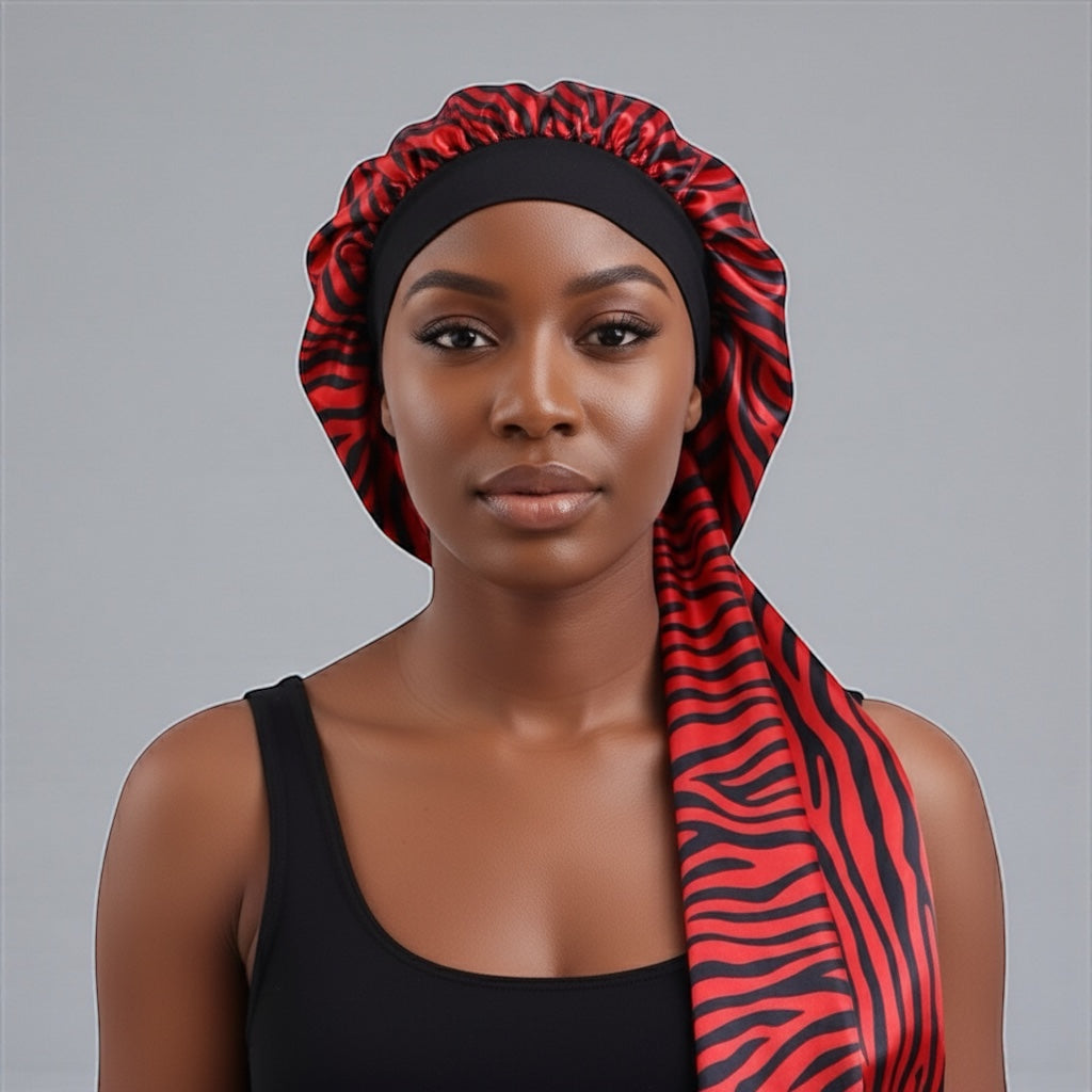 Long Satin Silk Striped Bonnet Cap with Button – Adjustable Sleep Cap for Braids, Locs & Long Hair - Fatisha Boutique #
