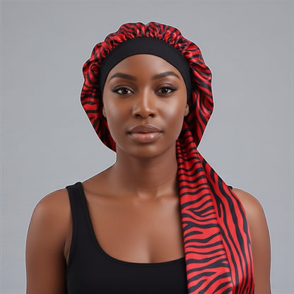 Long Satin Silk Striped Bonnet Cap with Button – Adjustable Sleep Cap for Braids, Locs & Long Hair - Fatisha Boutique #