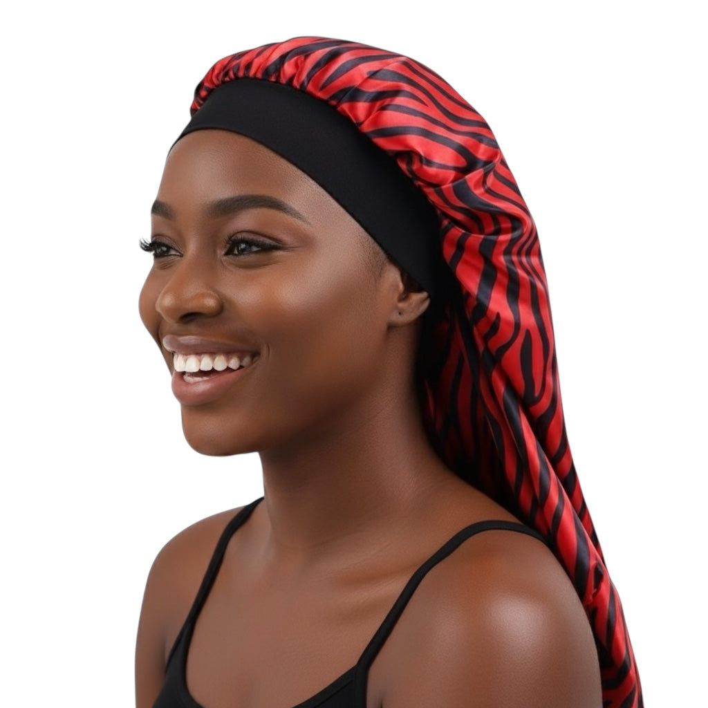 Long Satin Silk Striped Bonnet Cap with Button – Adjustable Sleep Cap for Braids, Locs & Long Hair - Fatisha Boutique #