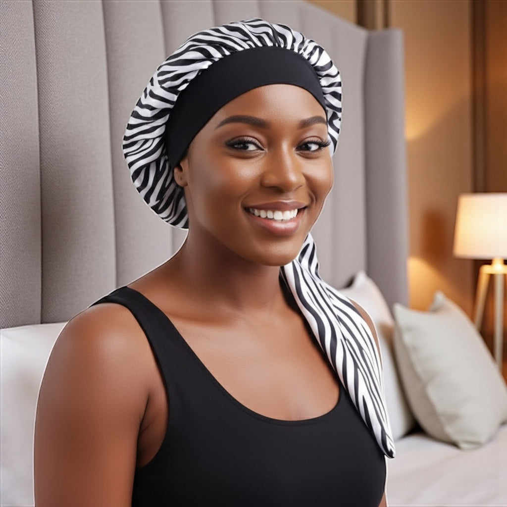 Long Satin Silk Striped Bonnet Cap with Button – Adjustable Sleep Cap for Braids, Locs & Long Hair - Fatisha Boutique #