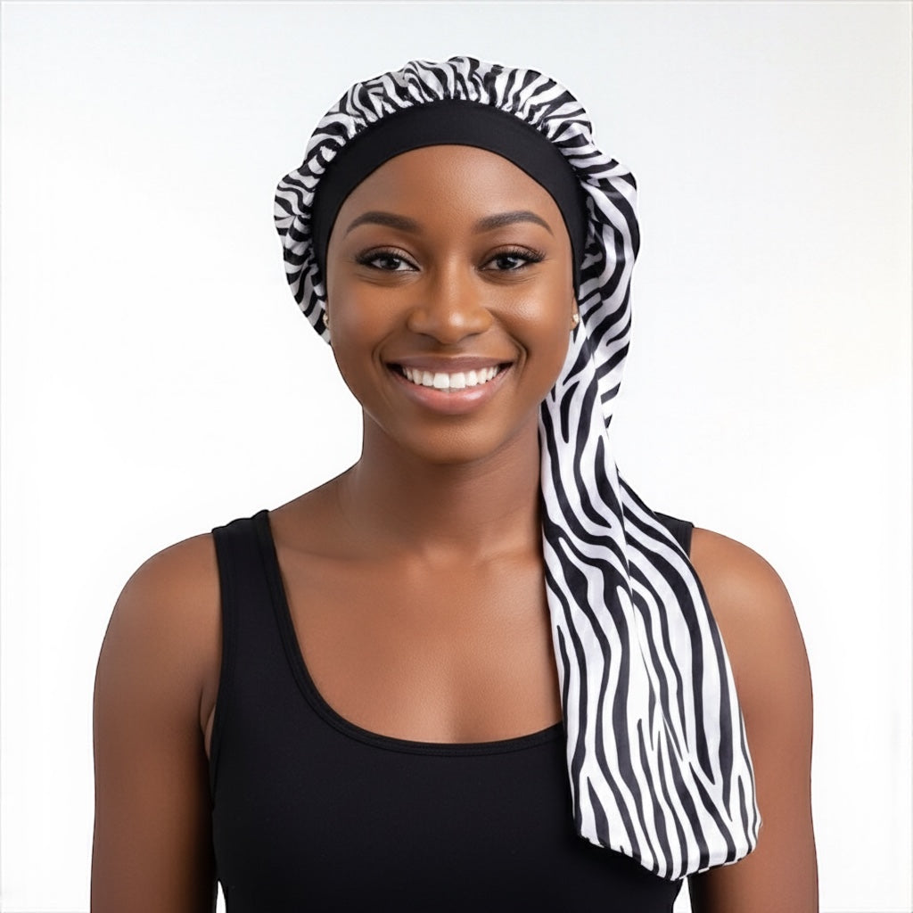 Long Satin Silk Striped Bonnet Cap with Button – Adjustable Sleep Cap for Braids, Locs & Long Hair - Fatisha Boutique #