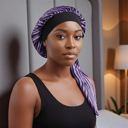 Long Satin Silk Striped Bonnet Cap with Button – Adjustable Sleep Cap for Braids, Locs & Long Hair - Fatisha Boutique #