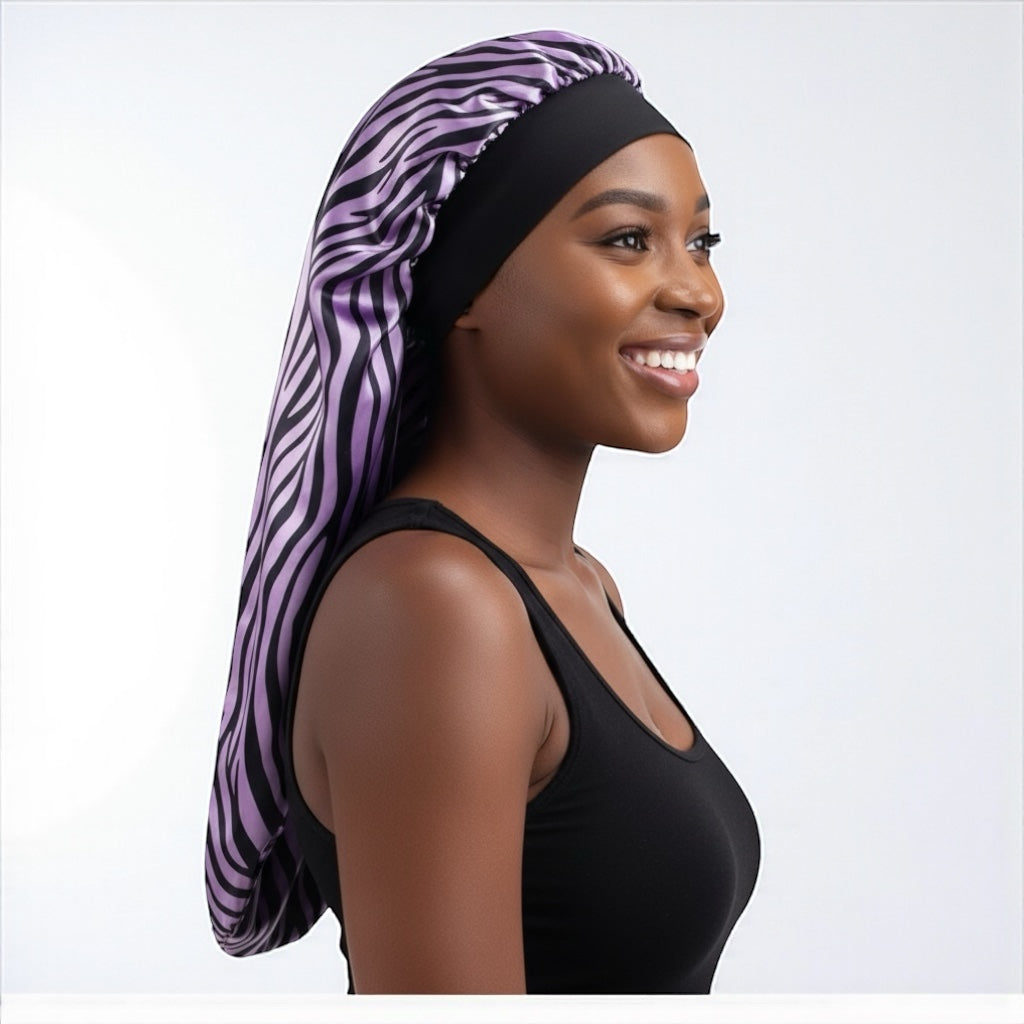 Long Satin Silk Striped Bonnet Cap with Button – Adjustable Sleep Cap for Braids, Locs & Long Hair - Fatisha Boutique #