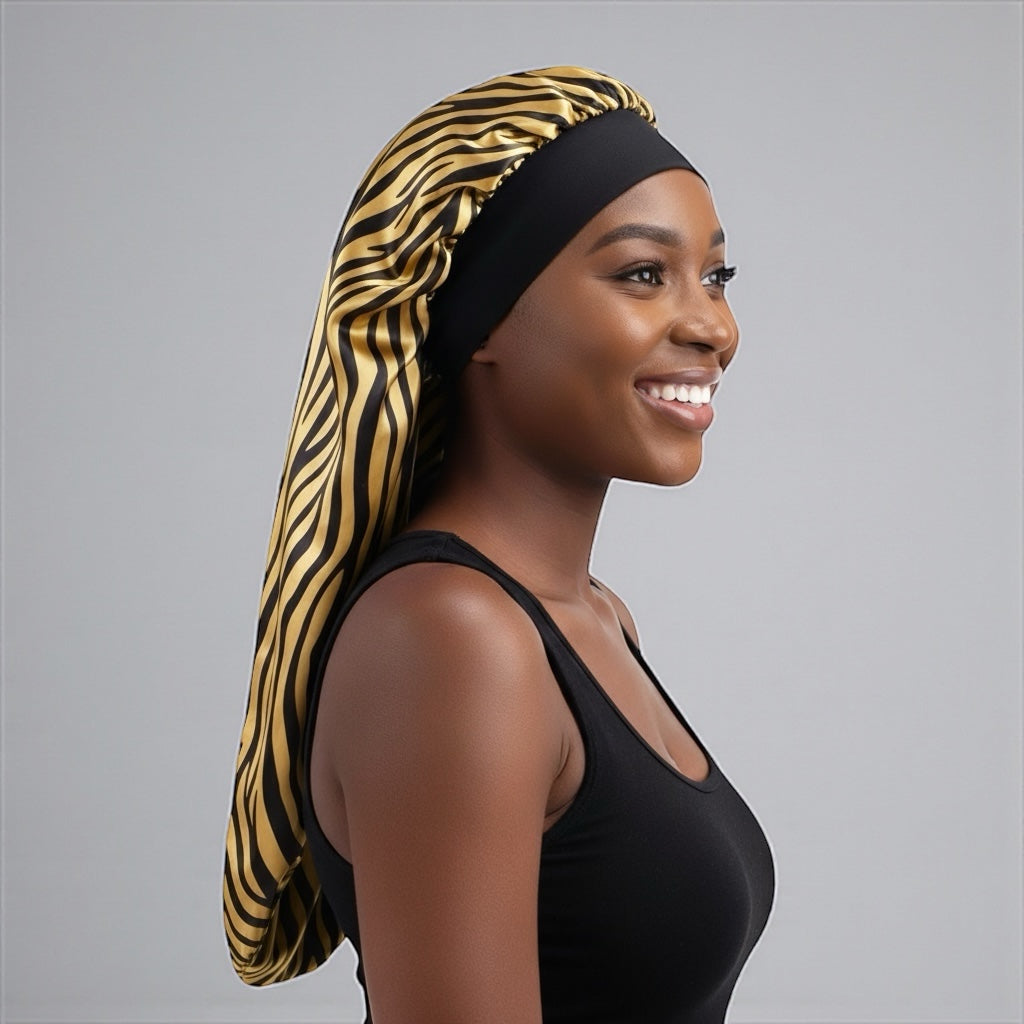 Long Satin Silk Striped Bonnet Cap with Button – Adjustable Sleep Cap for Braids, Locs & Long Hair - Fatisha Boutique #