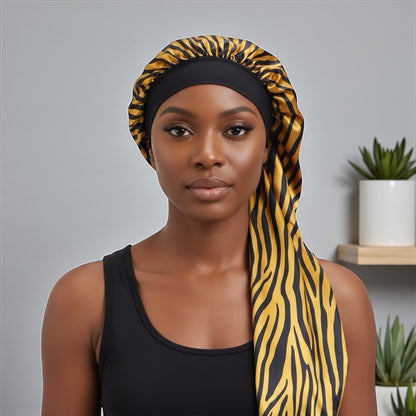 Long Satin Silk Striped Bonnet Cap with Button – Adjustable Sleep Cap for Braids, Locs & Long Hair - Fatisha Boutique #