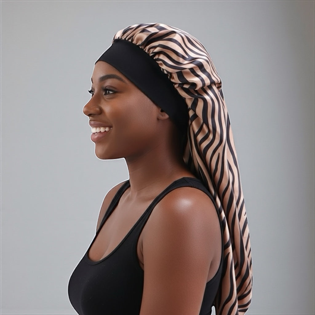 Long Satin Silk Striped Bonnet Cap with Button – Adjustable Sleep Cap for Braids, Locs & Long Hair - Fatisha Boutique #