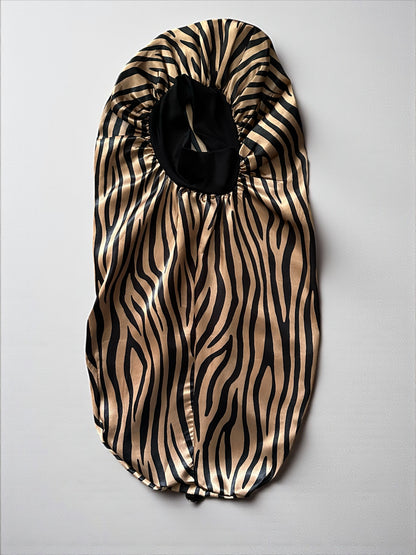 Long Satin Silk Striped Bonnet Cap with Button – Adjustable Sleep Cap for Braids, Locs & Long Hair - Fatisha Boutique #