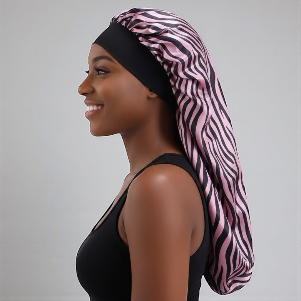 Long Satin Silk Striped Bonnet Cap with Button – Adjustable Sleep Cap for Braids, Locs & Long Hair - Fatisha Boutique #