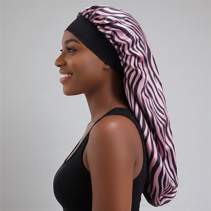 Long Satin Silk Striped Bonnet Cap with Button – Adjustable Sleep Cap for Braids, Locs & Long Hair - Fatisha Boutique #