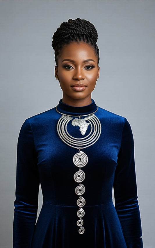 Authentic African Silver Statement Necklace – Handcrafted Long Spiral Pendant with Africa Map, Bold Afrocentric Jewellery - Fatisha Boutique #