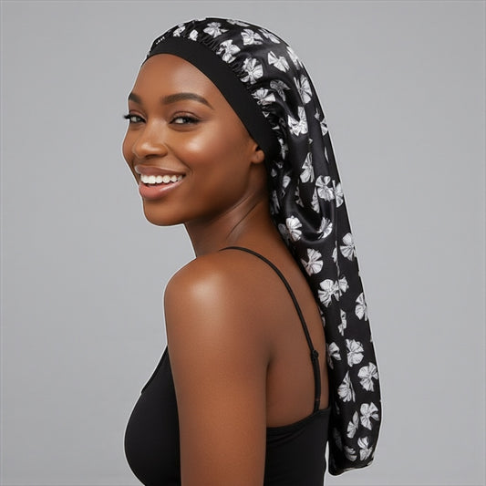Printed Satin Silk Long Bonnet Cap for Braids, Locs & Long Hair – Black Floral - Fatisha Boutique #