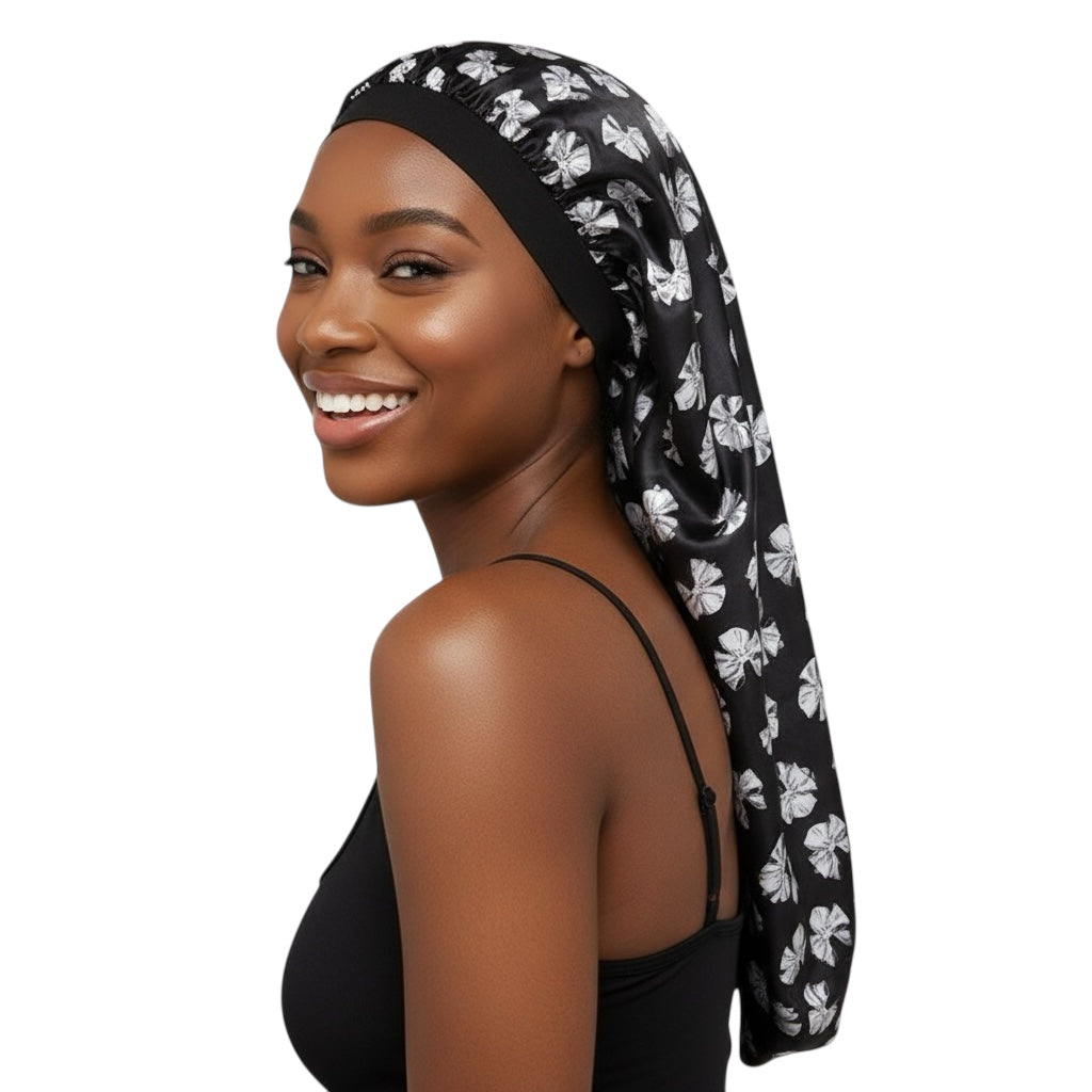 Printed Satin Silk Long Bonnet Cap for Braids, Locs & Long Hair – Black Floral - Fatisha Boutique #