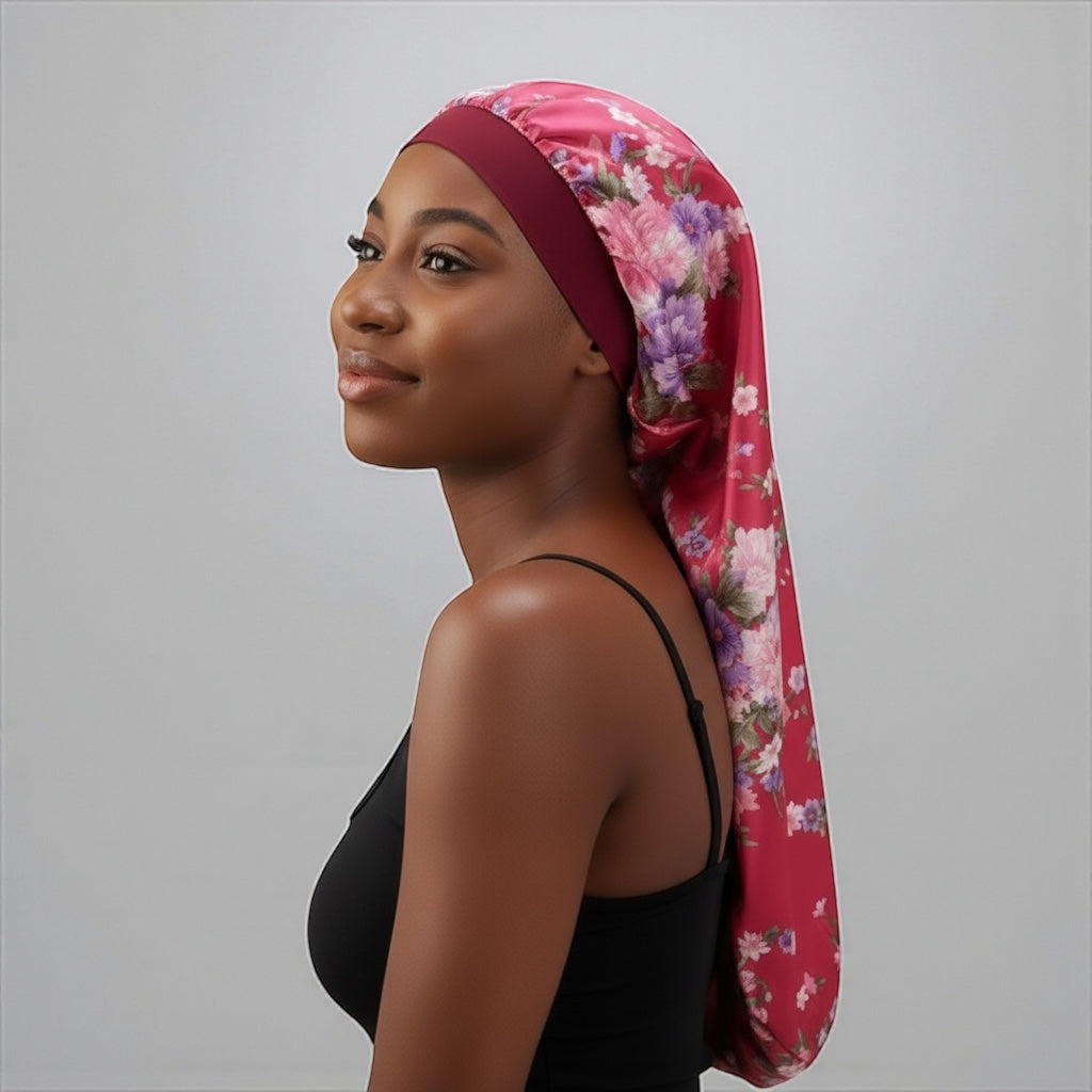 Printed Satin Silk Long Bonnet Cap for Braids, Dreadlocks & Long Hair – Lightweight Sleep Cap - Fatisha Boutique #