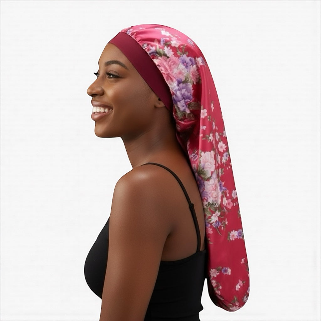 Printed Satin Silk Long Bonnet Cap for Braids, Dreadlocks & Long Hair – Lightweight Sleep Cap - Fatisha Boutique #