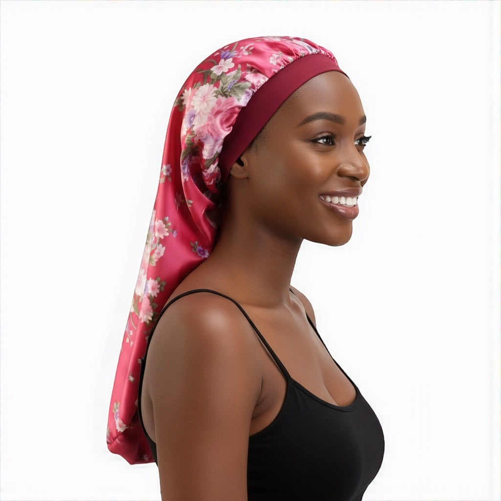 Printed Satin Silk Long Bonnet Cap for Braids, Dreadlocks & Long Hair – Lightweight Sleep Cap - Fatisha Boutique #
