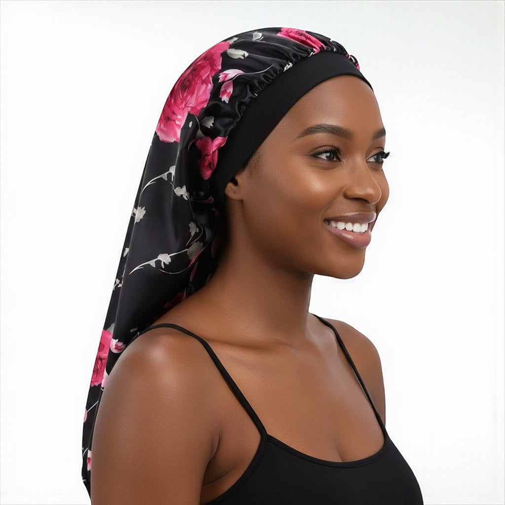 Printed Satin Silk Long Bonnet Cap for Braids, Dreadlocks & Long Hair – Lightweight Sleep Cap - Fatisha Boutique #