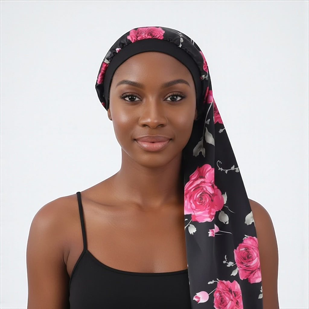 Printed Satin Silk Long Bonnet Cap for Braids, Dreadlocks & Long Hair – Lightweight Sleep Cap - Fatisha Boutique #