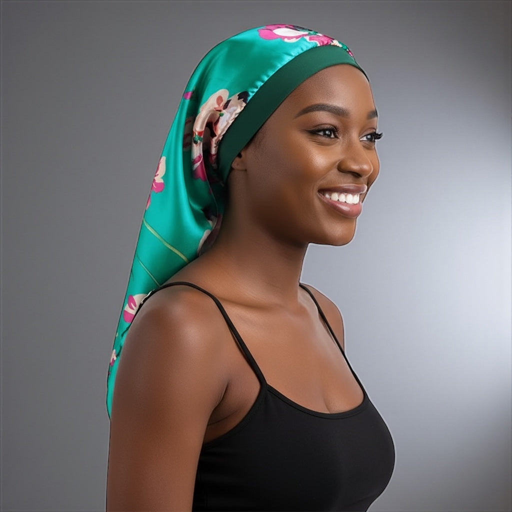 Printed Satin Silk Long Bonnet Cap for Braids, Dreadlocks & Long Hair – Lightweight Sleep Cap - Fatisha Boutique #