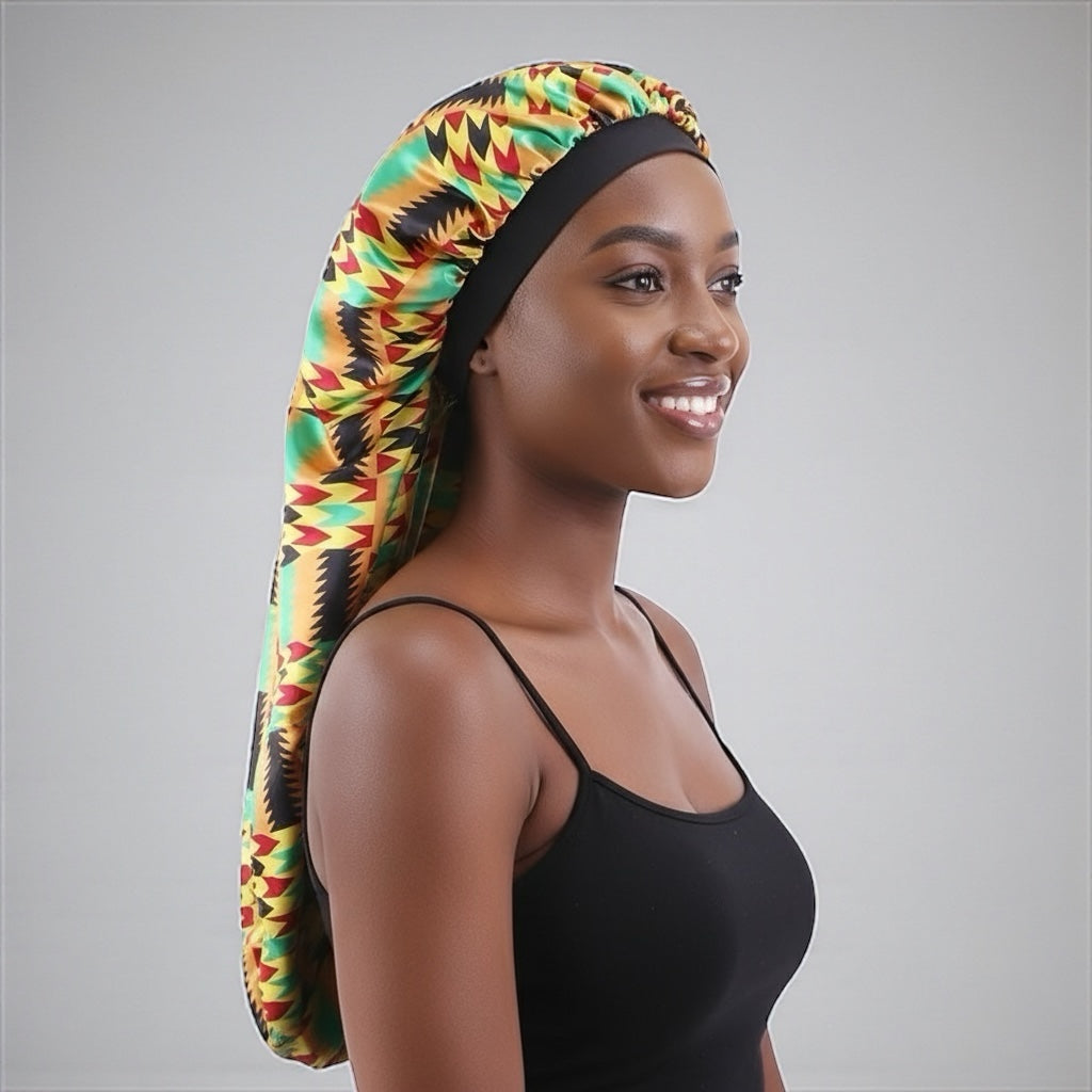 Luxury Satin Silk Ankara Long Bonnet Cap – Double Layered Hair Protection for Braids & Locs - Fatisha Boutique #