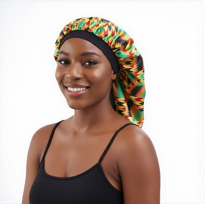 Luxury Satin Silk Ankara Long Bonnet Cap – Double Layered Hair Protection for Braids & Locs - Fatisha Boutique #