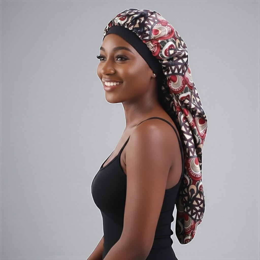 Luxury Satin Silk Ankara Long Bonnet Cap – Double Layered Hair Protection for Braids & Locs - Fatisha Boutique #