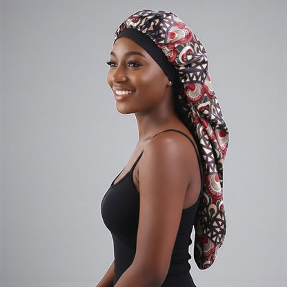 Luxury Satin Silk Ankara Long Bonnet Cap – Double Layered Hair Protection for Braids & Locs - Fatisha Boutique #