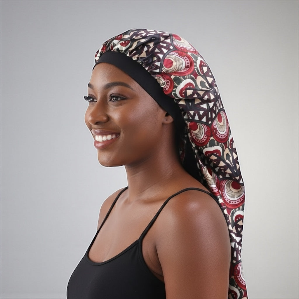 Luxury Satin Silk Ankara Long Bonnet Cap – Double Layered Hair Protection for Braids & Locs - Fatisha Boutique #