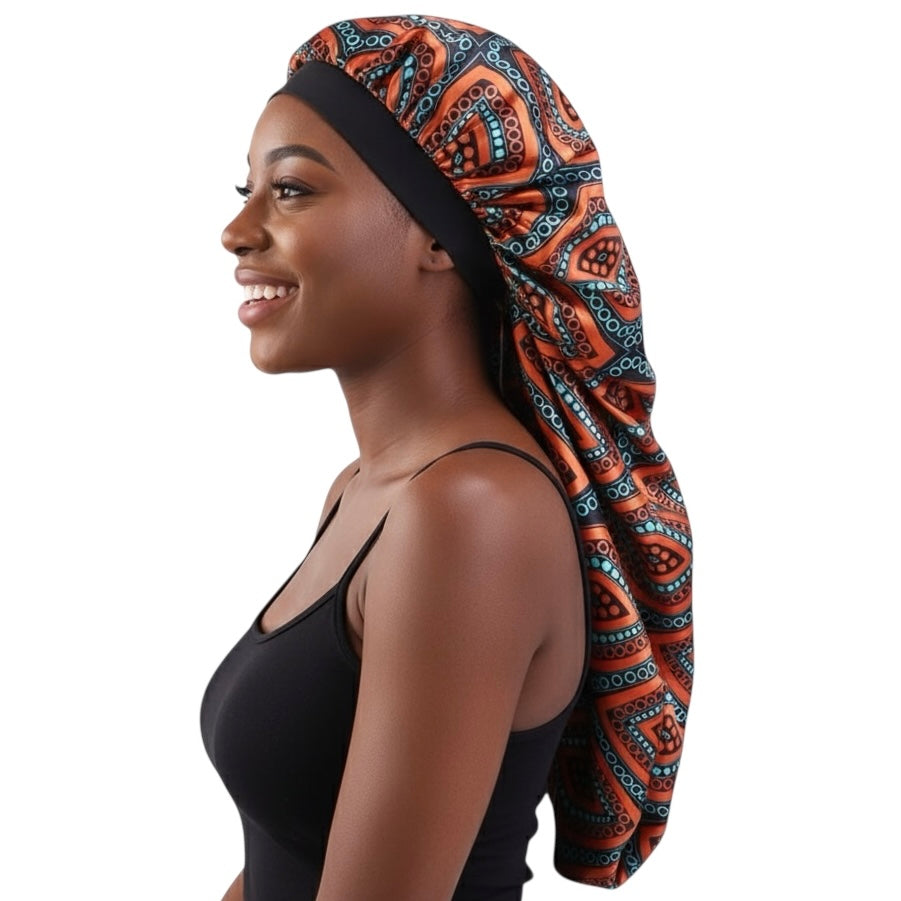 Luxury Satin Silk Ankara Long Bonnet Cap – Double Layered Hair Protection for Braids & Locs - Fatisha Boutique #