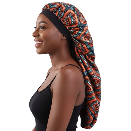 Luxury Satin Silk Ankara Long Bonnet Cap – Double Layered Hair Protection for Braids & Locs - Fatisha Boutique #
