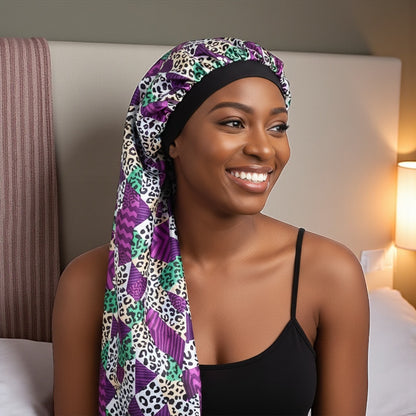 Luxury Satin Silk Ankara Long Bonnet Cap – Double Layered Hair Protection for Braids & Locs - Fatisha Boutique #