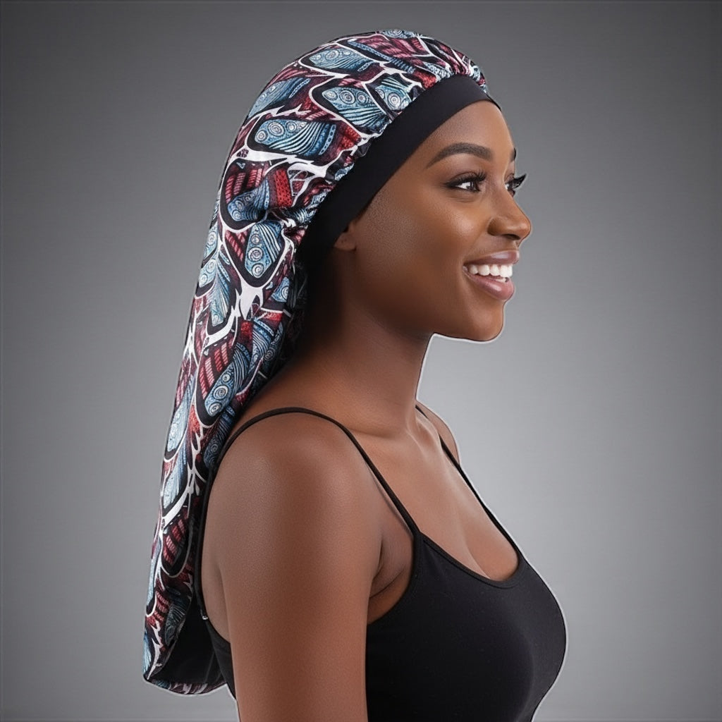 Luxury Satin Silk Ankara Long Bonnet Cap – Double Layered Hair Protection for Braids & Locs - Fatisha Boutique #