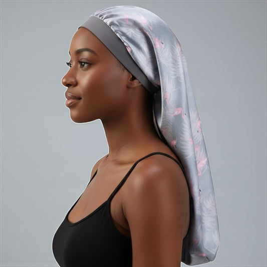 Flamingo Print Satin Silk Long Bonnet Cap – Lightweight Sleep Cap for Braids & Long Hair - Fatisha Boutique #