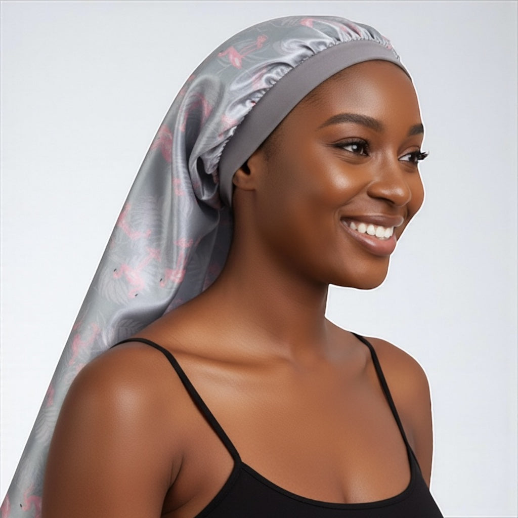 Flamingo Print Satin Silk Long Bonnet Cap – Lightweight Sleep Cap for Braids & Long Hair - Fatisha Boutique #