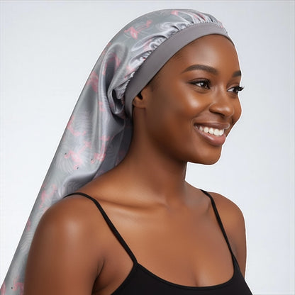 Flamingo Print Satin Silk Long Bonnet Cap – Lightweight Sleep Cap for Braids & Long Hair - Fatisha Boutique #