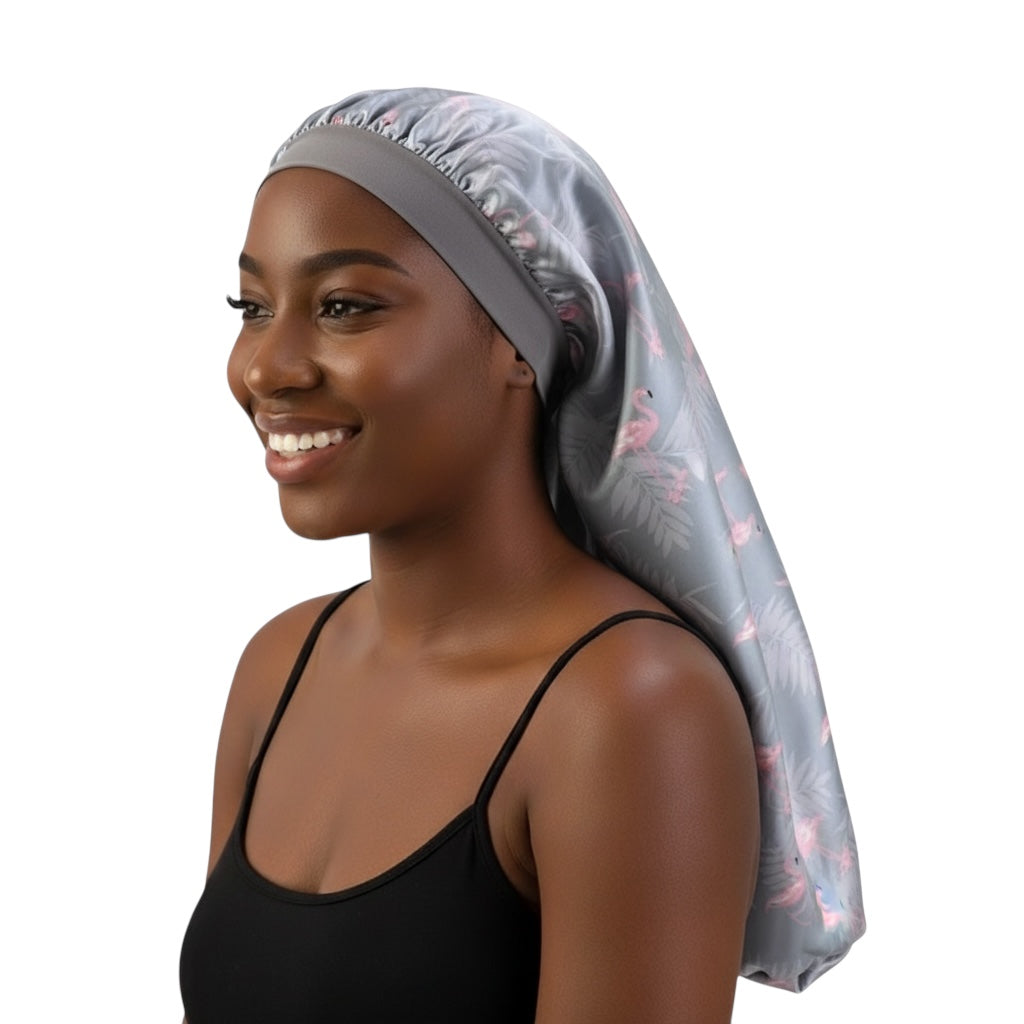 Flamingo Print Satin Silk Long Bonnet Cap – Lightweight Sleep Cap for Braids & Long Hair - Fatisha Boutique #