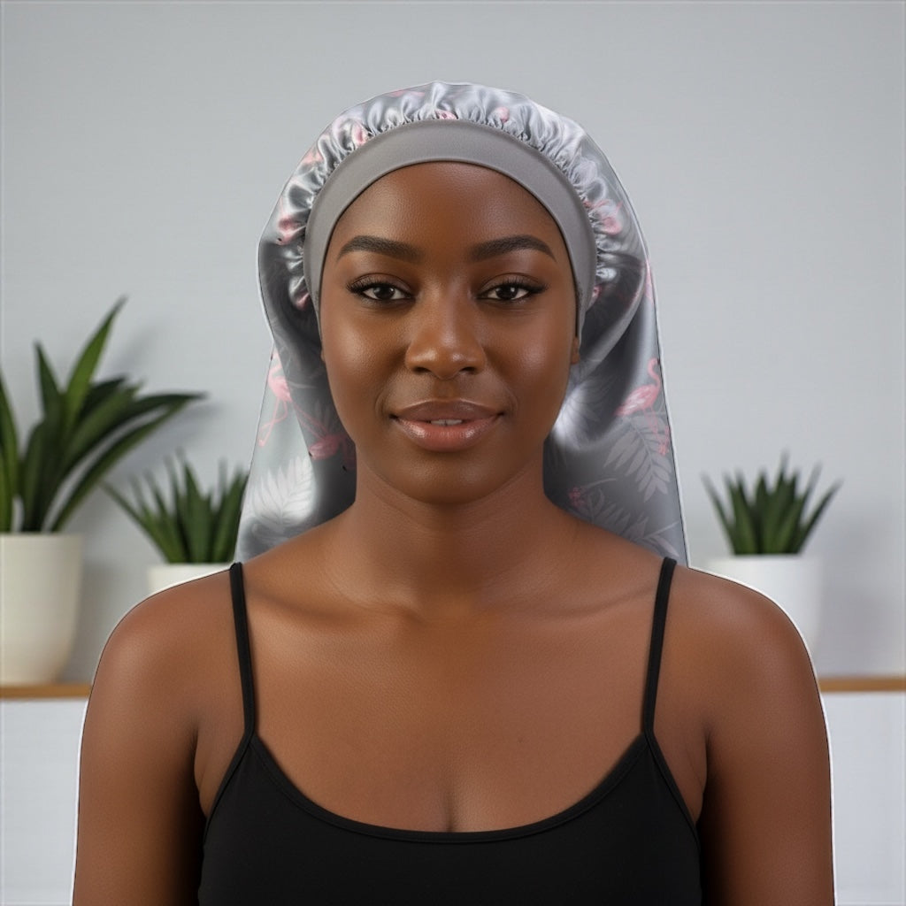 Flamingo Print Satin Silk Long Bonnet Cap – Lightweight Sleep Cap for Braids & Long Hair - Fatisha Boutique #