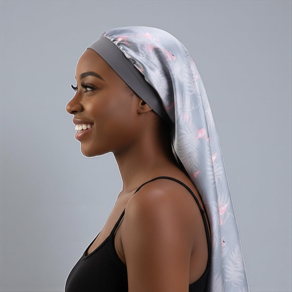 Flamingo Print Satin Silk Long Bonnet Cap – Lightweight Sleep Cap for Braids & Long Hair - Fatisha Boutique #