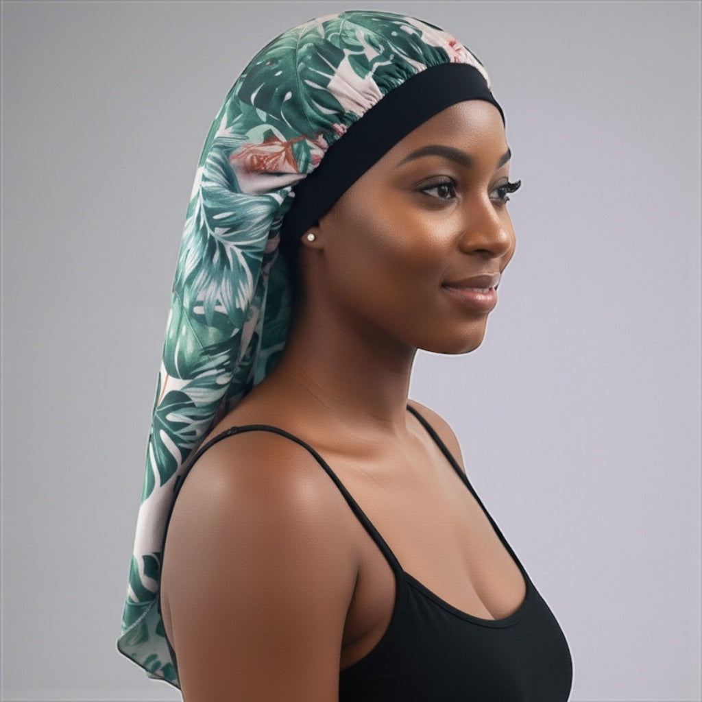 Tropical Green Satin Silk Long Bonnet Cap for Braids, Locs & Long Hair – Lightweight Sleep Cap - Fatisha Boutique #