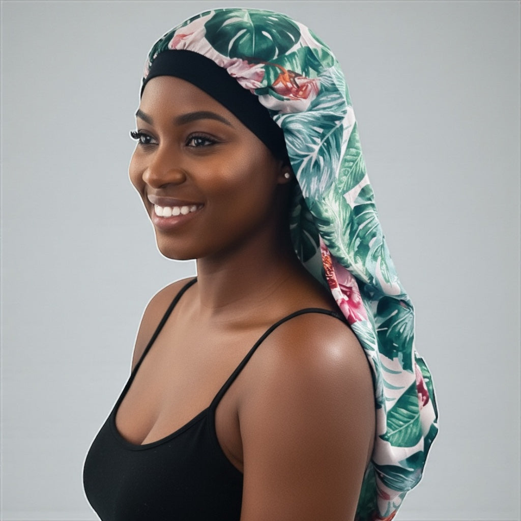 Tropical Green Satin Silk Long Bonnet Cap for Braids, Locs & Long Hair – Lightweight Sleep Cap - Fatisha Boutique #