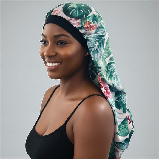 Tropical Green Satin Silk Long Bonnet Cap for Braids, Locs & Long Hair – Lightweight Sleep Cap - Fatisha Boutique #