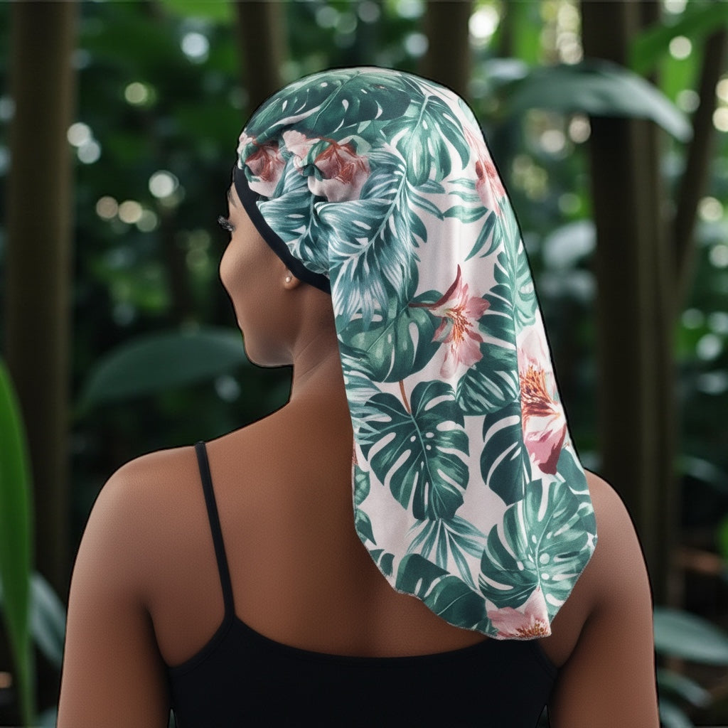Tropical Green Satin Silk Long Bonnet Cap for Braids, Locs & Long Hair – Lightweight Sleep Cap - Fatisha Boutique #
